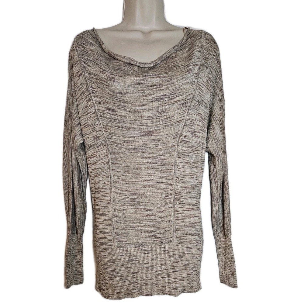 Cache Top Size XS Brown Heather Metallic‎ Gold Knit Top Blouse Round Drape Neck